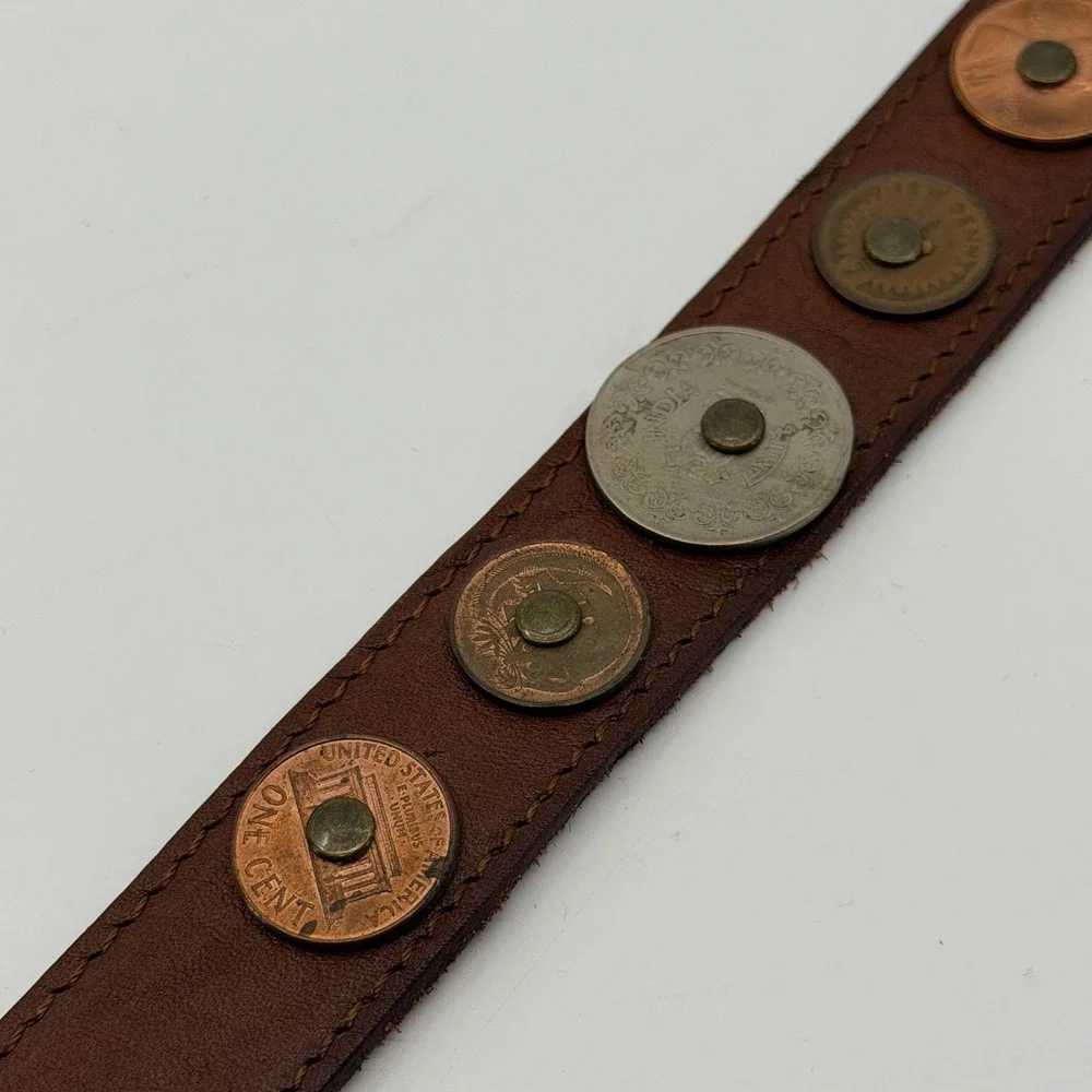 Vintage Leather Belt Womens XS Coin Studded International Currency Brown Boho
